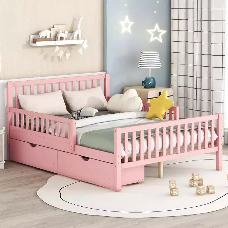 MAYEERTY Full Size Wood Platform Bed with Guardrails on Both Sides and Two Storage Drawers Pink
