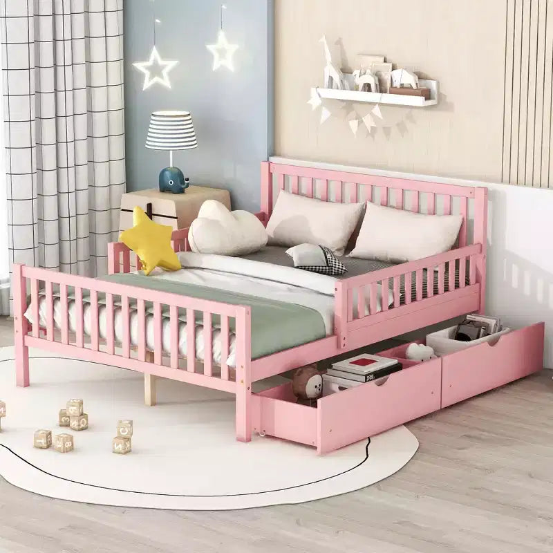 MAYEERTY Lit plateforme en bois pleine grandeur avec barrières de sécurité des deux côtés et deux tiroirs de rangement Rose