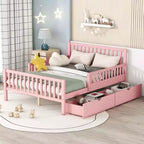 MAYEERTY Lit plateforme en bois pleine grandeur avec barrières de sécurité des deux côtés et deux tiroirs de rangement Rose
