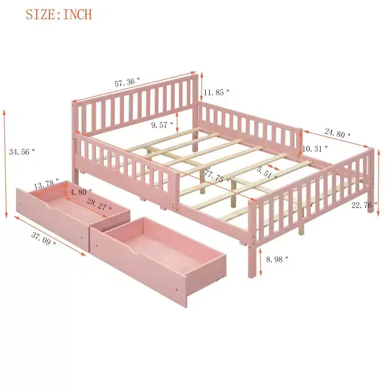 MAYEERTY Lit plateforme en bois pleine grandeur avec barrières de sécurité des deux côtés et deux tiroirs de rangement Rose