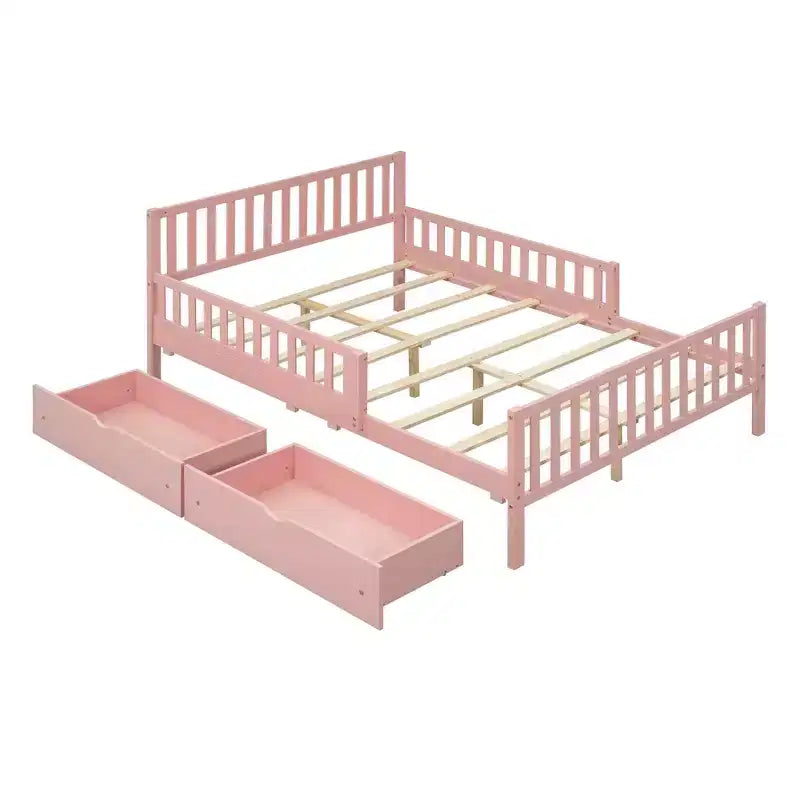 MAYEERTY Lit plateforme en bois pleine grandeur avec barrières de sécurité des deux côtés et deux tiroirs de rangement Rose