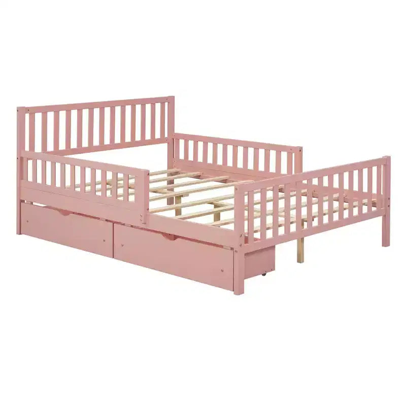 MAYEERTY Lit plateforme en bois pleine grandeur avec barrières de sécurité des deux côtés et deux tiroirs de rangement Rose