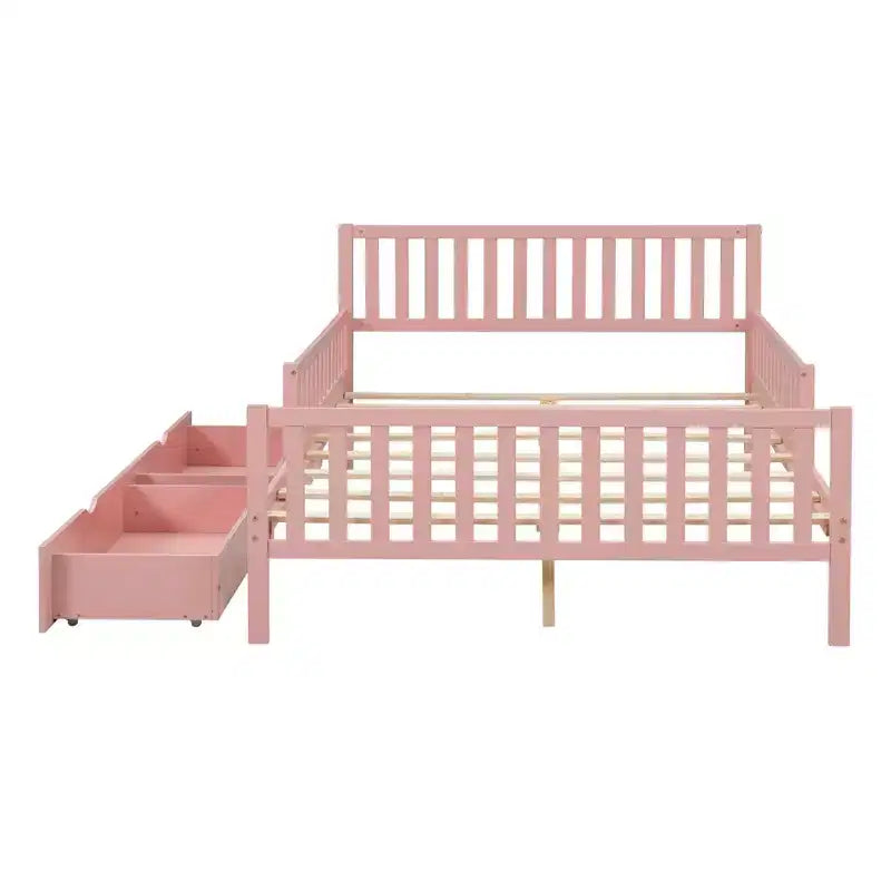MAYEERTY Lit plateforme en bois pleine grandeur avec barrières de sécurité des deux côtés et deux tiroirs de rangement Rose