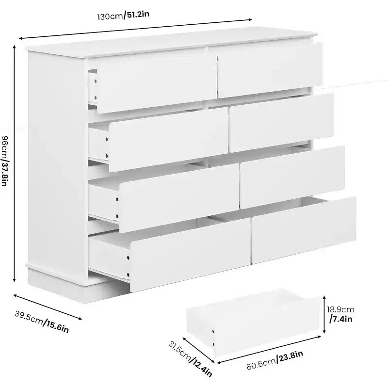 8 Commodes de chambre, commode double de 130 cm de large avec grands tiroirs, commode moderne pour chambre à coucher, salon, couloir