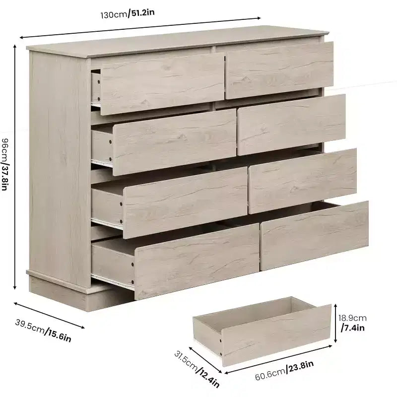 8 Commodes de chambre, commode double de 130 cm de large avec grands tiroirs, commode moderne pour chambre à coucher, salon, couloir