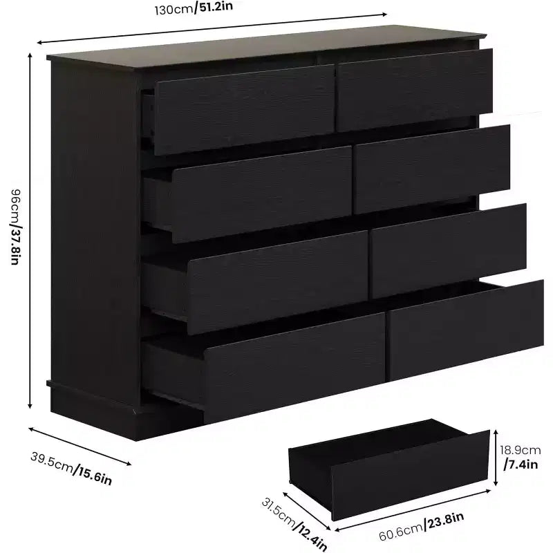 8 Commodes de chambre, commode double de 130 cm de large avec grands tiroirs, commode moderne pour chambre à coucher, salon, couloir