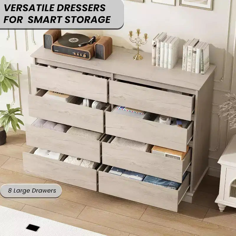 8 Commodes de chambre, commode double de 130 cm de large avec grands tiroirs, commode moderne pour chambre à coucher, salon, couloir