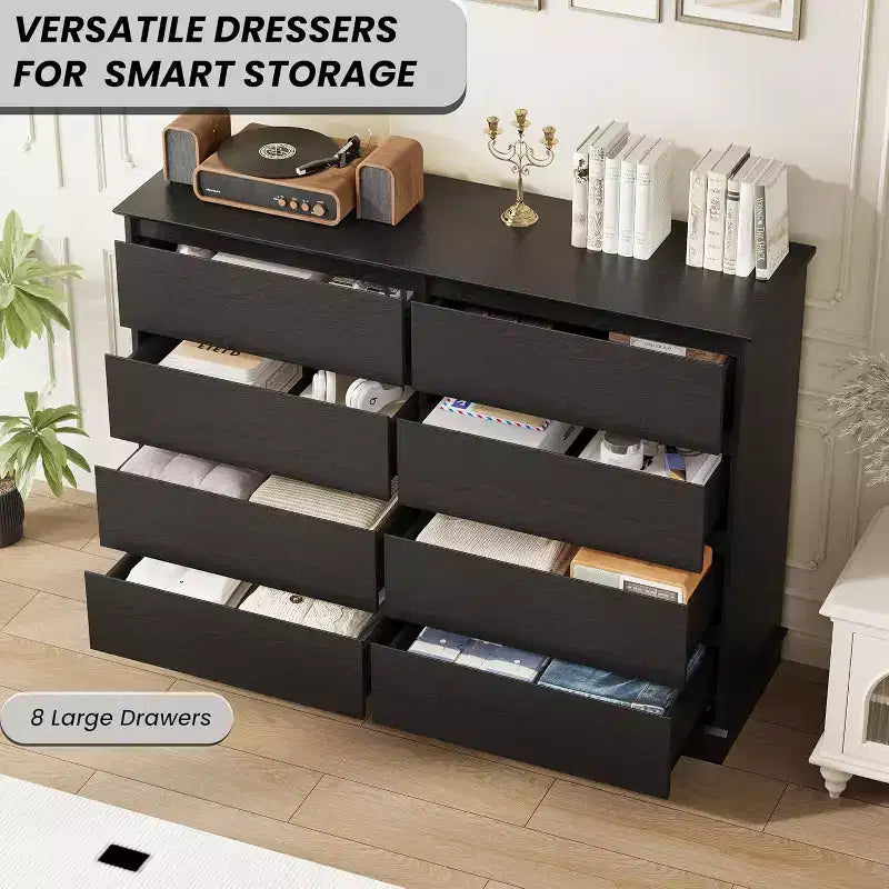 8 Commodes de chambre, commode double de 130 cm de large avec grands tiroirs, commode moderne pour chambre à coucher, salon, couloir