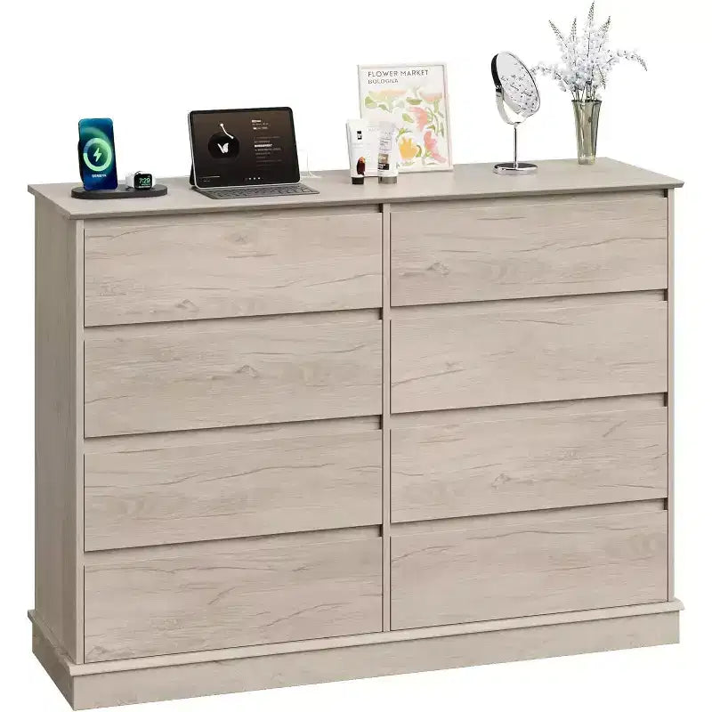 8 Commodes de chambre, commode double de 130 cm de large avec grands tiroirs, commode moderne pour chambre à coucher, salon, couloir