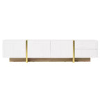 Meuble TV JVNOXK 74 pouces avec pieds rainurés dorés effet bois, convient aux téléviseurs de 80 pouces et moins, avec meuble de rangement, idéal pour les salons, Blanc
