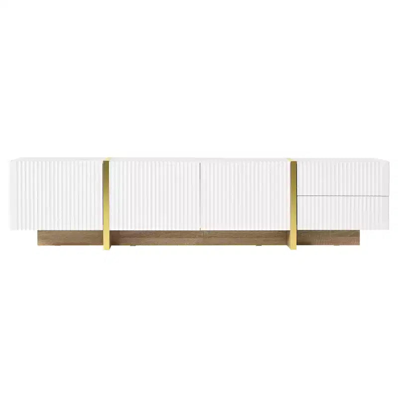 Meuble TV JVNOXK 74 pouces avec pieds rainurés dorés effet bois, convient aux téléviseurs de 80 pouces et moins, avec meuble de rangement, idéal pour les salons, Blanc