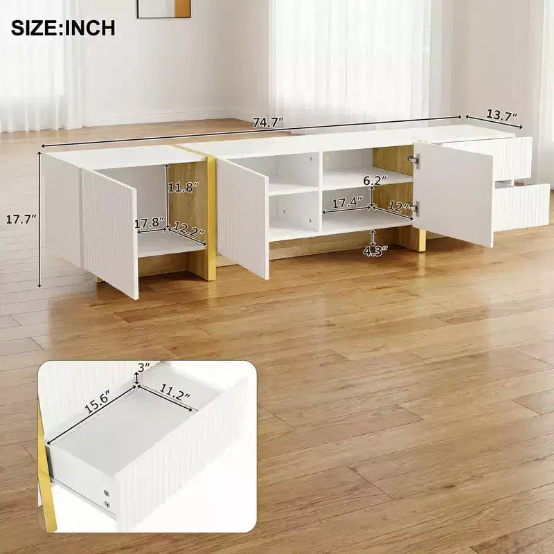 Meuble TV JVNOXK 74 pouces avec pieds rainurés dorés effet bois, convient aux téléviseurs de 80 pouces et moins, avec meuble de rangement, idéal pour les salons, Blanc