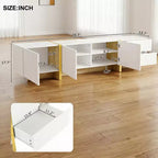 Meuble TV JVNOXK 74 pouces avec pieds rainurés dorés effet bois, convient aux téléviseurs de 80 pouces et moins, avec meuble de rangement, idéal pour les salons, Blanc