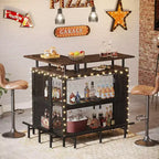 Bar d'angle Lantine en L : Marron rustique, avec porte-verres, étagères à 2 niveaux, repose-pieds.