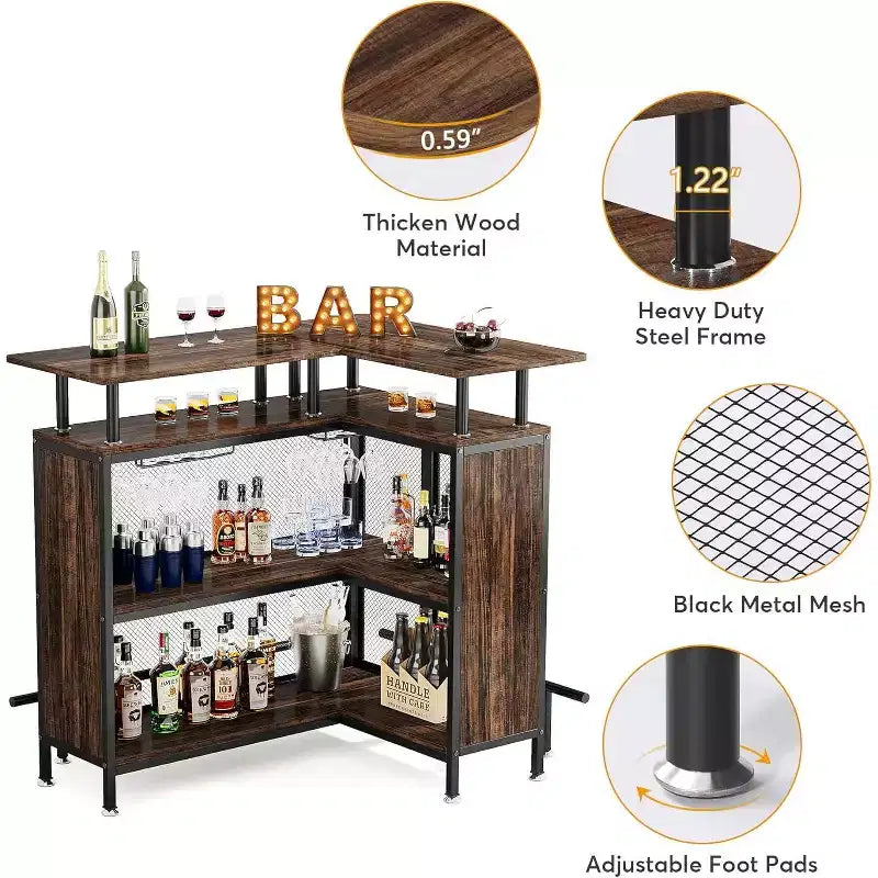 Bar d'angle Lantine en L : Marron rustique, avec porte-verres, étagères à 2 niveaux, repose-pieds.