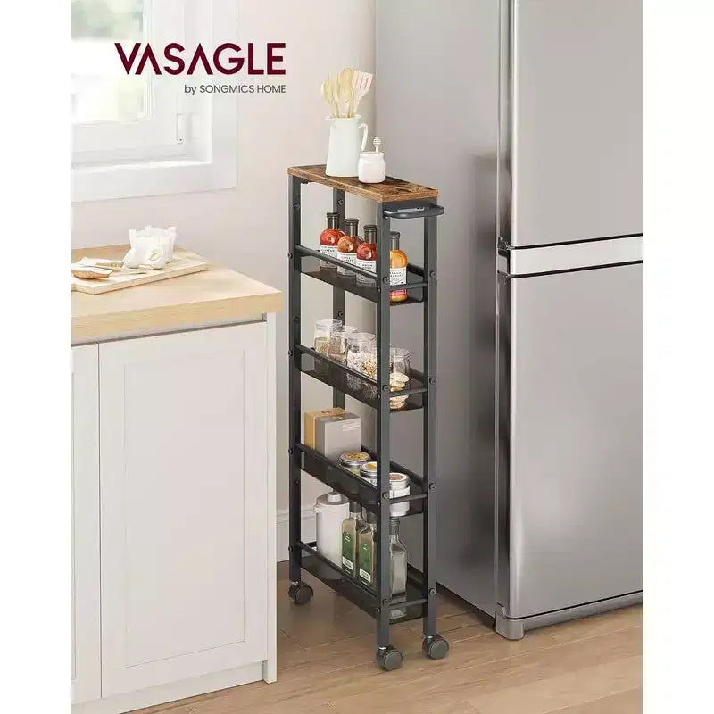 VASAGLE Desserte roulante fine, Chariot de rangement à 5 niveaux, Chariot étroit avec poignée, Profondeur de 13 cm, Cadre métallique