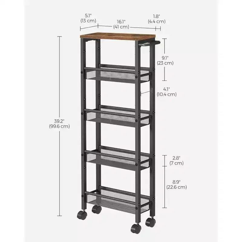 VASAGLE Desserte roulante fine, Chariot de rangement à 5 niveaux, Chariot étroit avec poignée, Profondeur de 13 cm, Cadre métallique