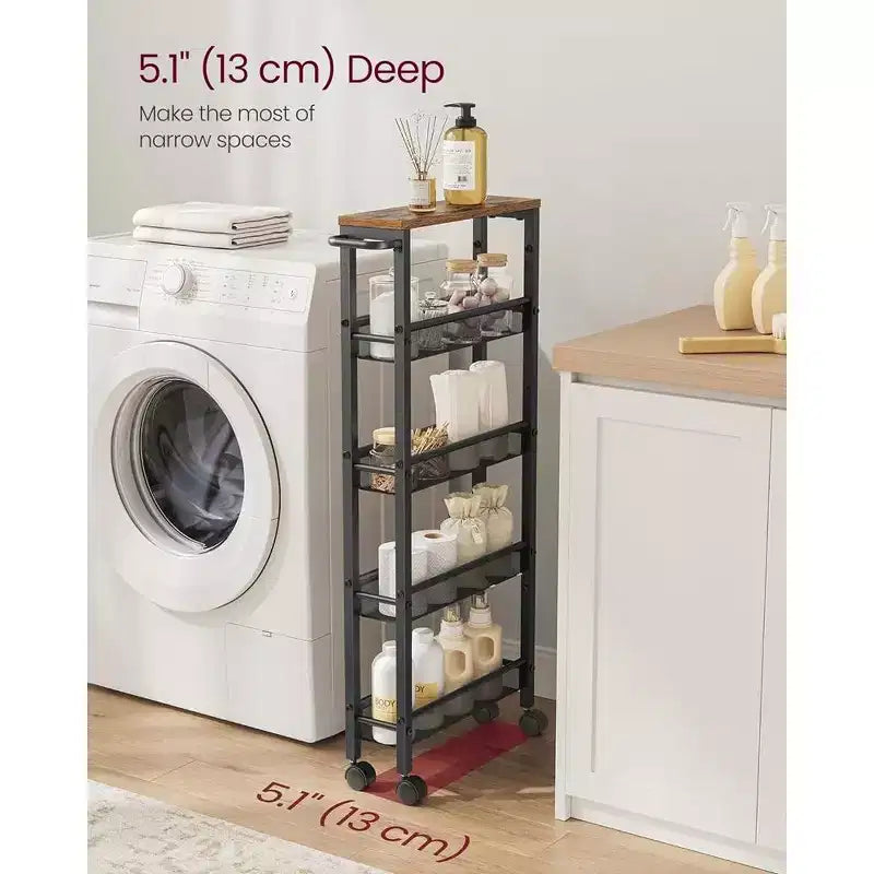 VASAGLE Desserte roulante fine, Chariot de rangement à 5 niveaux, Chariot étroit avec poignée, Profondeur de 13 cm, Cadre métallique