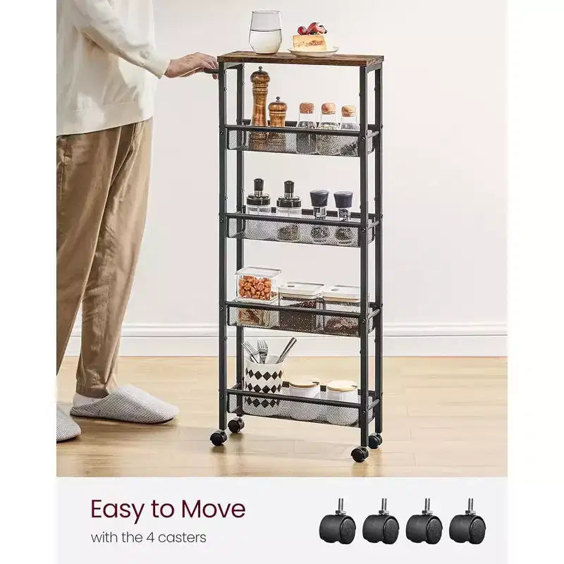 VASAGLE Desserte roulante fine, Chariot de rangement à 5 niveaux, Chariot étroit avec poignée, Profondeur de 13 cm, Cadre métallique