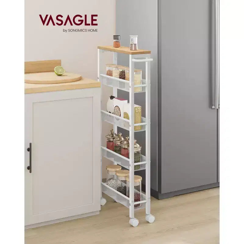 VASAGLE Desserte roulante fine, Chariot de rangement à 5 niveaux, Chariot étroit avec poignée, Profondeur de 13 cm, Cadre métallique