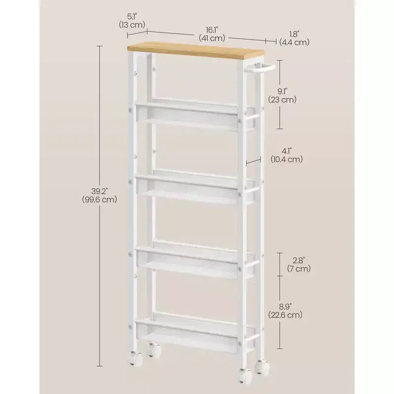 VASAGLE Desserte roulante fine, Chariot de rangement à 5 niveaux, Chariot étroit avec poignée, Profondeur de 13 cm, Cadre métallique