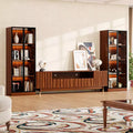 ATJafurn Walnut Mid-century Modern TV Stand with Storage and Two 4-Tier Glass Display Cabinet, Brown Wood Entertainment Center Set for TVs up to 85''