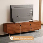 Meuble TV moderne du milieu du siècle en noyer ATJafurn avec rangement et deux vitrines en verre à 4 niveaux, ensemble de meuble de divertissement en bois marron pour téléviseurs jusqu'à 85 pouces