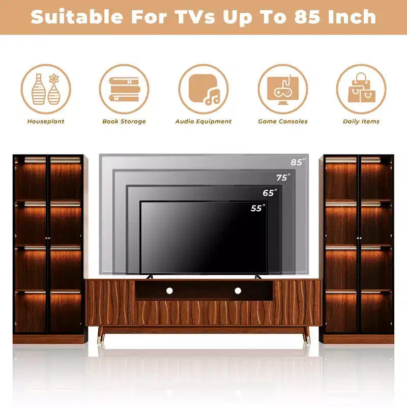 Meuble TV moderne du milieu du siècle en noyer ATJafurn avec rangement et deux vitrines en verre à 4 niveaux, ensemble de meuble de divertissement en bois marron pour téléviseurs jusqu'à 85 pouces
