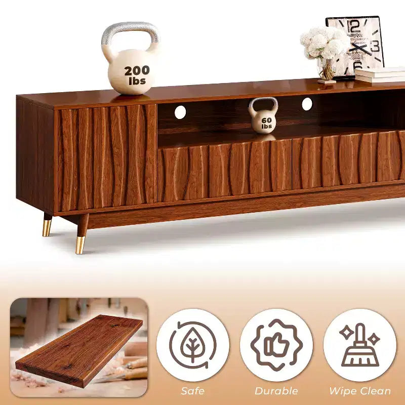 Meuble TV moderne du milieu du siècle en noyer ATJafurn avec rangement et deux vitrines en verre à 4 niveaux, ensemble de meuble de divertissement en bois marron pour téléviseurs jusqu'à 85 pouces