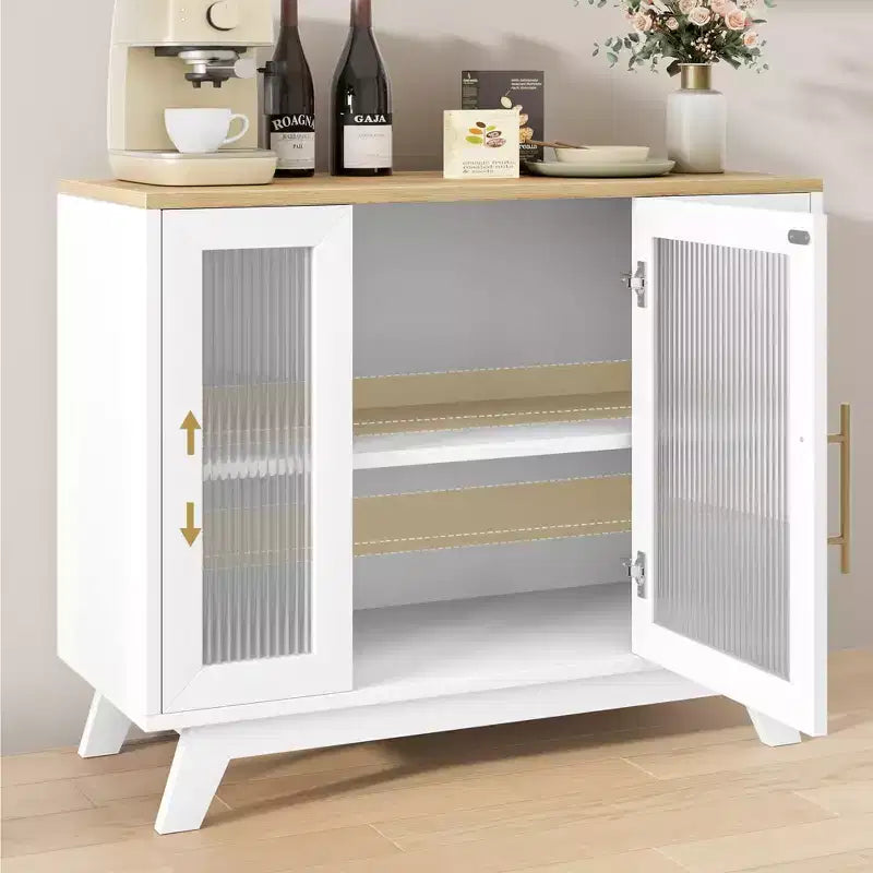 Buffet de salle à manger GustoWave avec porte en verre cannelé, Armoire de rangement moderne de 36 po à 2 niveaux