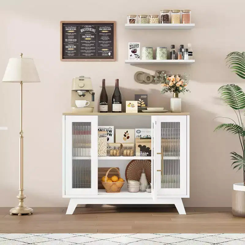 Buffet de salle à manger GustoWave avec porte en verre cannelé, Armoire de rangement moderne de 36 po à 2 niveaux