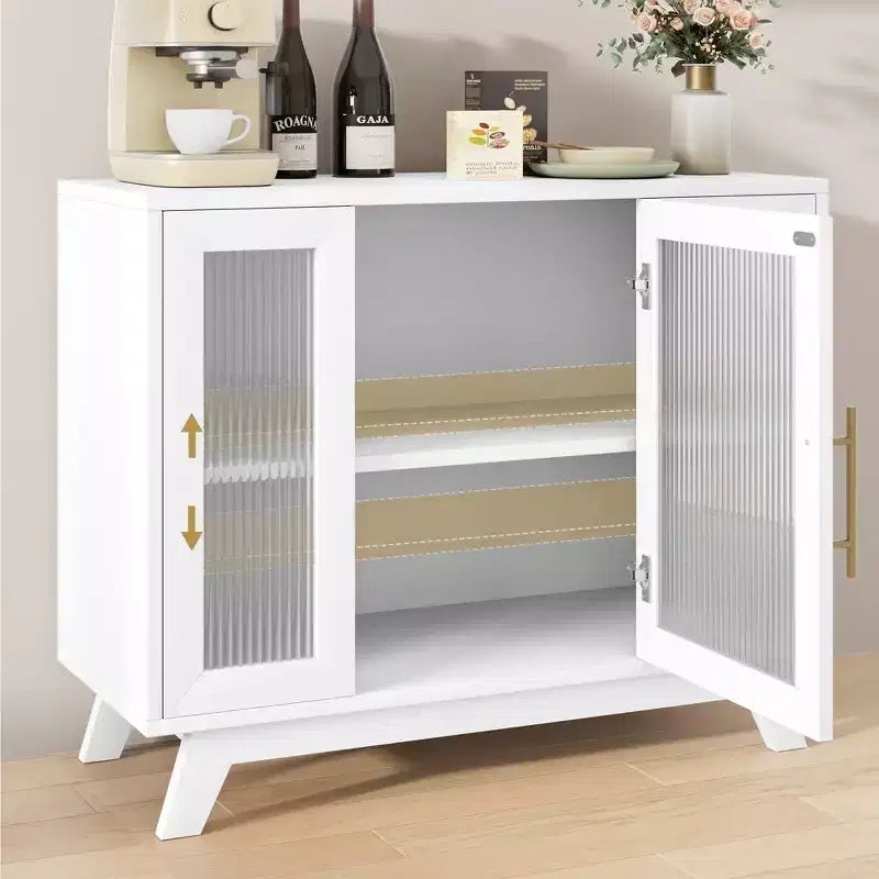Buffet de salle à manger GustoWave avec porte en verre cannelé, Armoire de rangement moderne de 36 po à 2 niveaux