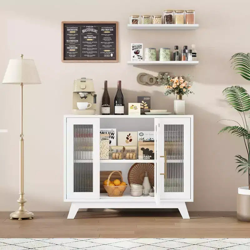 Buffet de salle à manger GustoWave avec porte en verre cannelé, Armoire de rangement moderne de 36 po à 2 niveaux