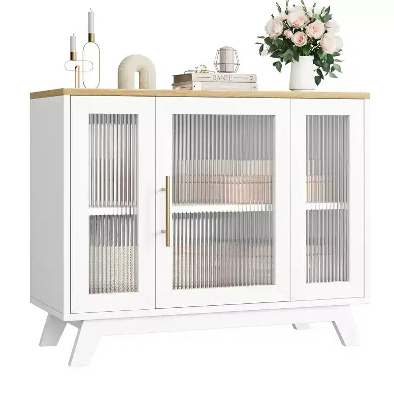 Buffet de salle à manger GustoWave avec porte en verre cannelé, Armoire de rangement moderne de 36 po à 2 niveaux