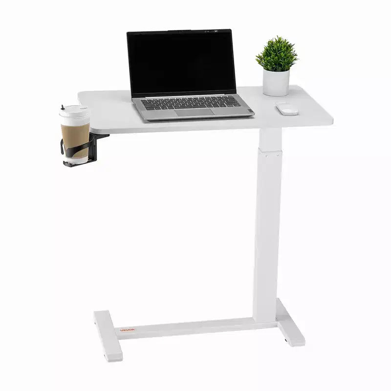 Overbed Table, Mobile Bed Side Table with Hidden Wheels, Height Adjustable Rolling Laptop Desk with Cup Holder, White