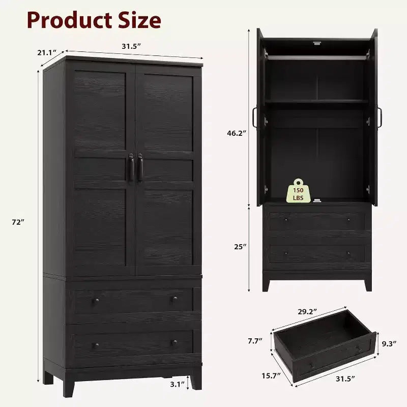 Armoire de penderie en bois de 72 po avec 2 tiroirs et tringle de suspension, armoire haute avec portes et 18 étagères réglables pour la maison