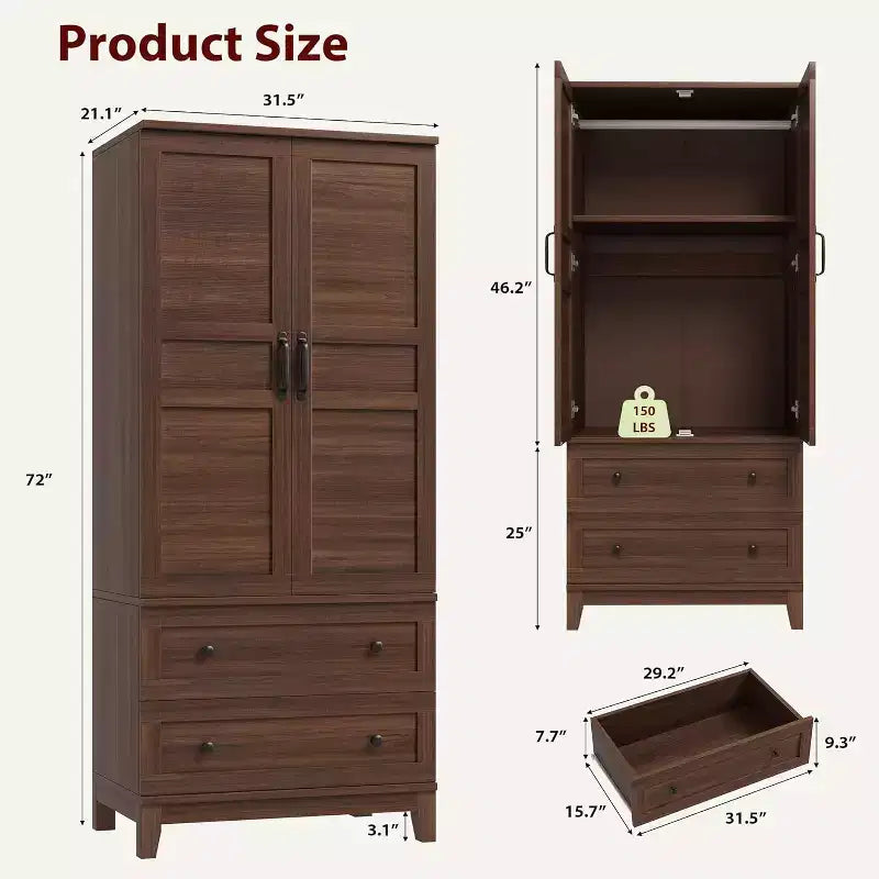 Armoire de penderie en bois de 72 po avec 2 tiroirs et tringle de suspension, armoire haute avec portes et 18 étagères réglables pour la maison