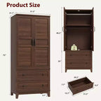 Armoire de penderie en bois de 72 po avec 2 tiroirs et tringle de suspension, armoire haute avec portes et 18 étagères réglables pour la maison