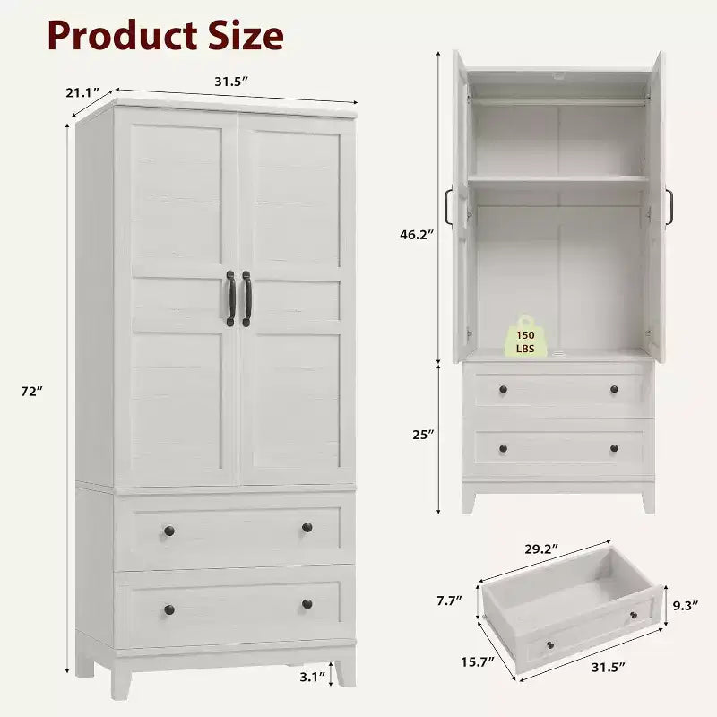 Armoire de penderie en bois de 72 po avec 2 tiroirs et tringle de suspension, armoire haute avec portes et 18 étagères réglables pour la maison