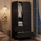 72 in Wooden Armoire Wardrobe Closet with 2 Drawers and Hanging Rod, Tall Clothing Armoire Cabinet with Doors and 18 Adjustable Shelves for Home