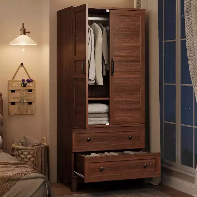 Armoire de penderie en bois de 72 po avec 2 tiroirs et tringle de suspension, armoire haute avec portes et 18 étagères réglables pour la maison
