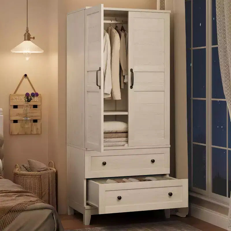 Armoire de penderie en bois de 72 po avec 2 tiroirs et tringle de suspension, armoire haute avec portes et 18 étagères réglables pour la maison