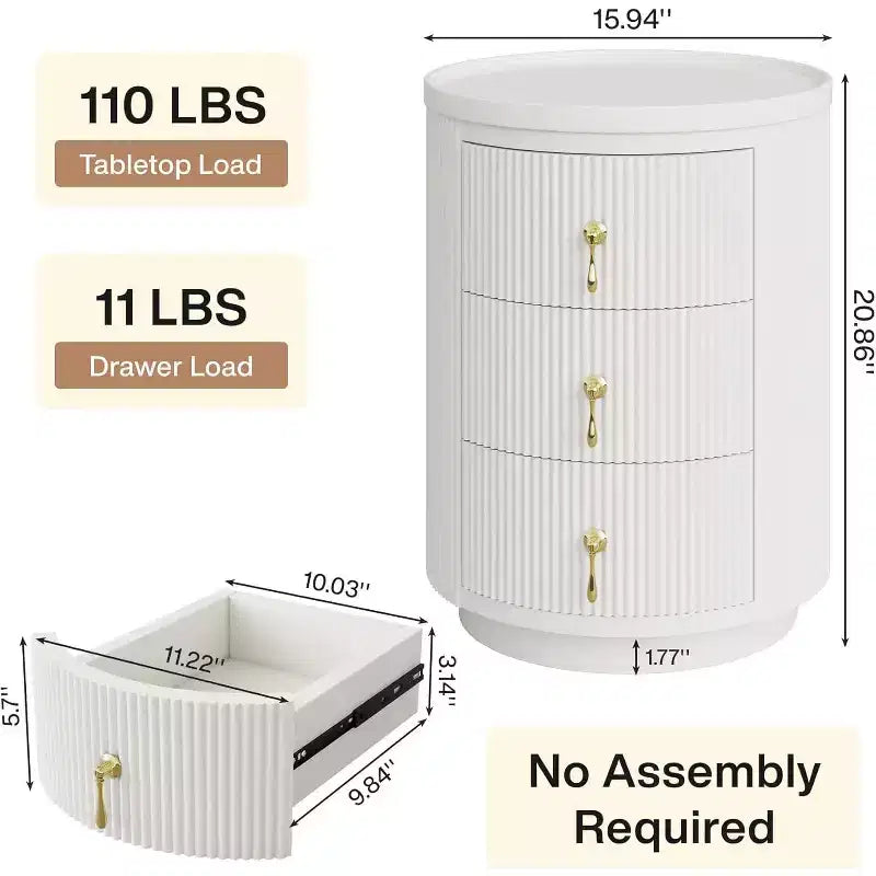 Lantine Lot de 2 tables de chevet à 3 tiroirs, table de chevet sans montage pour chambre à coucher, petite table d'appoint ronde avec rangement et poignées dorées