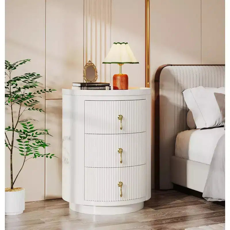Lantine Lot de 2 tables de chevet à 3 tiroirs, table de chevet sans montage pour chambre à coucher, petite table d'appoint ronde avec rangement et poignées dorées