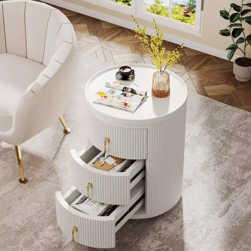 Lantine Lot de 2 tables de chevet à 3 tiroirs, table de chevet sans montage pour chambre à coucher, petite table d'appoint ronde avec rangement et poignées dorées
