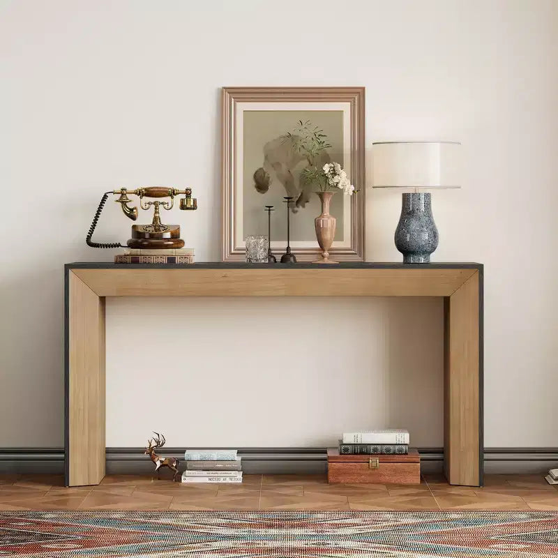 Console et table d'entrée moderne Whisen, table de canapé robuste avec design de cheminée, plateau en placage de bois