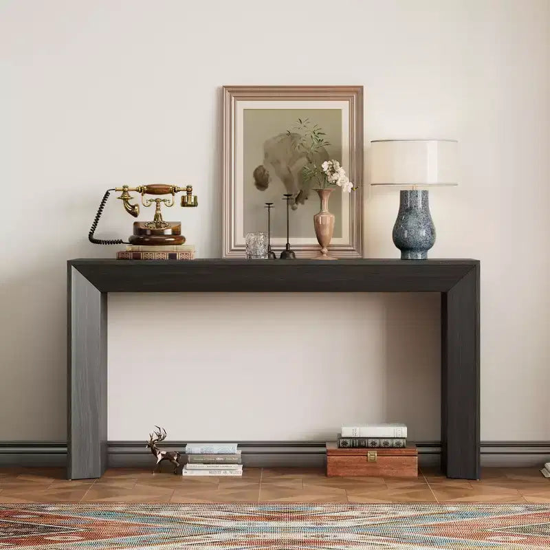 Console et table d'entrée moderne Whisen, table de canapé robuste avec design de cheminée, plateau en placage de bois