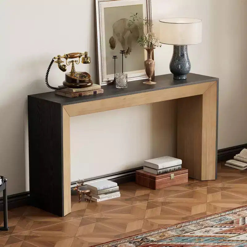 Console et table d'entrée moderne Whisen, table de canapé robuste avec design de cheminée, plateau en placage de bois