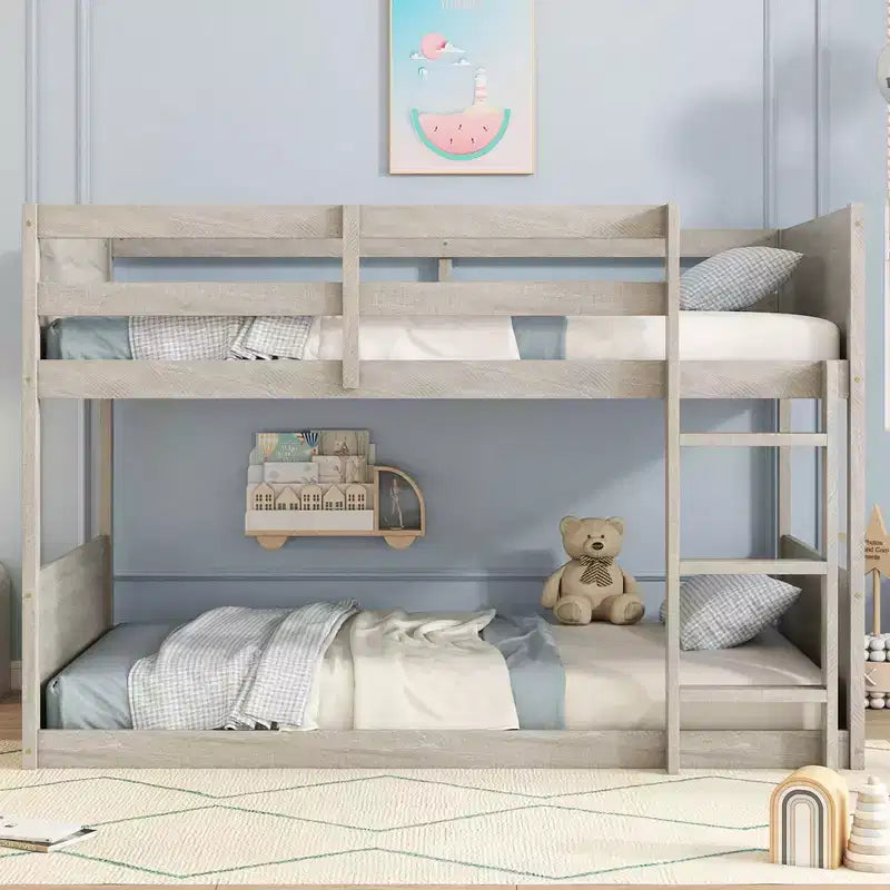 Lit superposé au sol deux places avec tête et pied de lit pour enfants et adolescents, cadre de lit superposé en bois massif avec échelle et garde-corps