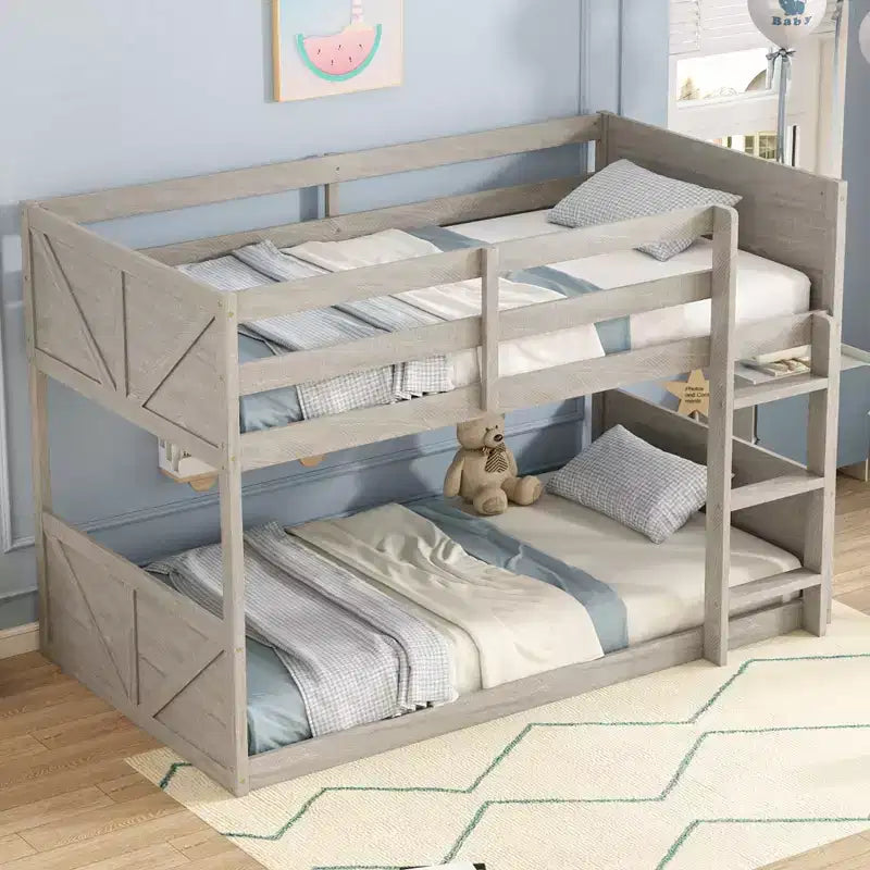 Lit superposé au sol deux places avec tête et pied de lit pour enfants et adolescents, cadre de lit superposé en bois massif avec échelle et garde-corps